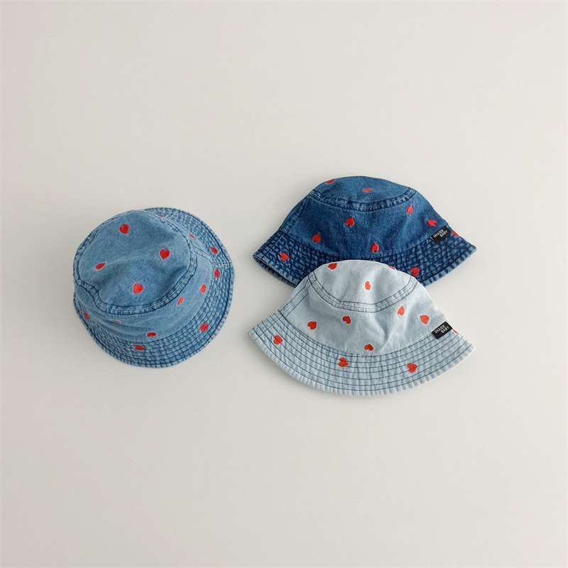 Baby Heart Embroidery Flat-Top Denim Bucket Hat