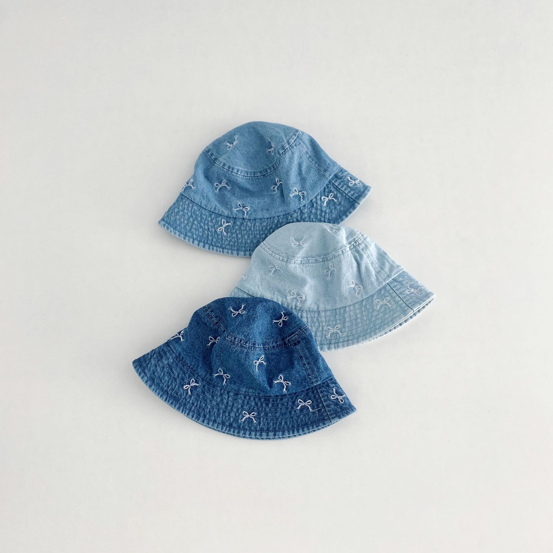 Baby Toddler Bow Embroidery Denim Flat Top Bucket Hat