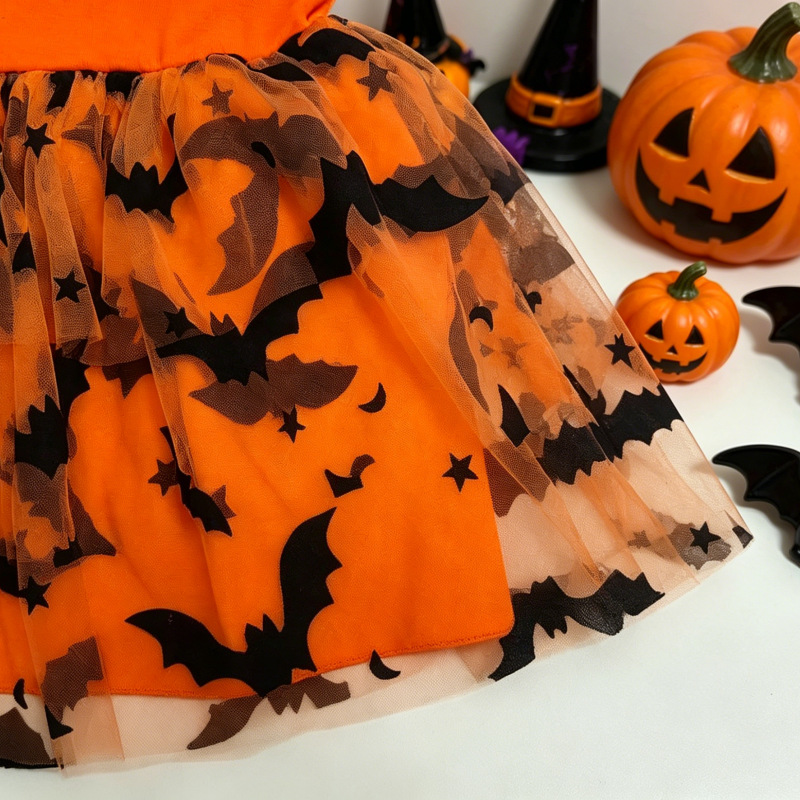 Baby Toddler Halloween Pumpkin Bat Bow Vest Mesh Dress