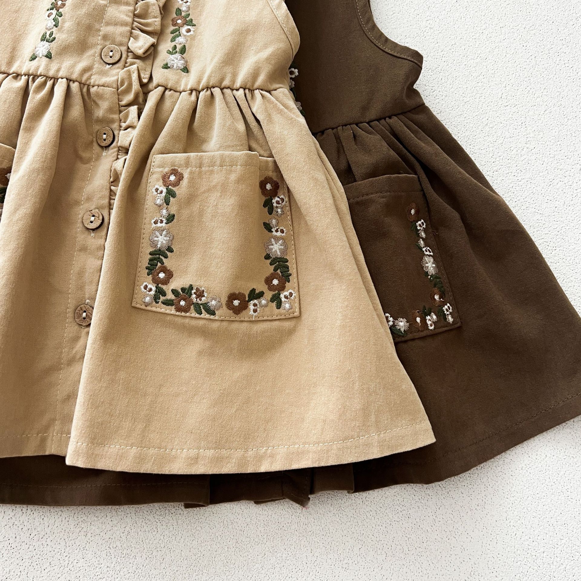 Kids Floral Embroidery Puff Sleeves Top and Vest Dress 2-Piece Set