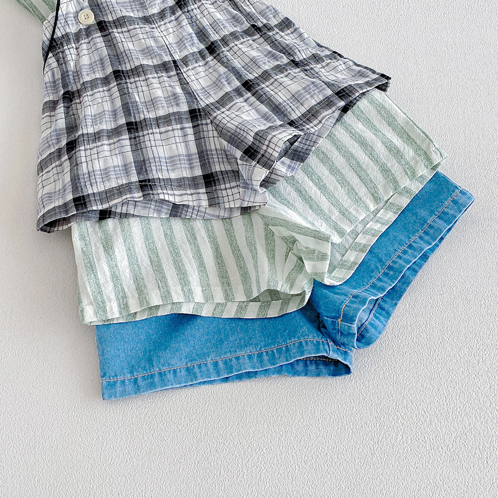 Kids Striped Checkerboard Denim Overalls