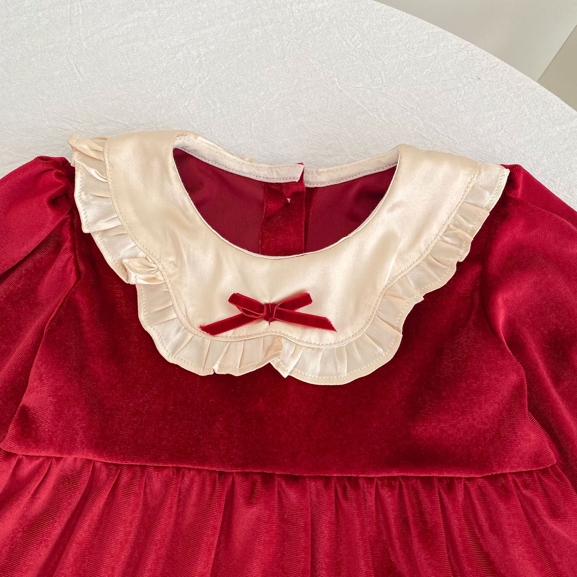 Kids Christmas Bow Collar Velvet Dress