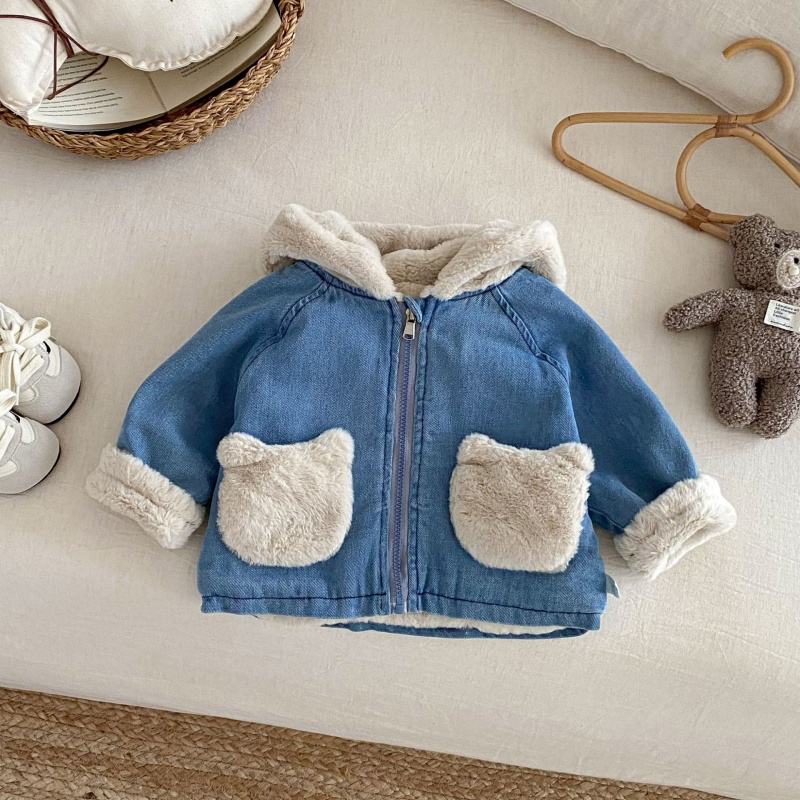 Baby Toddler Bear-Print Patchwork Denim Outerwear