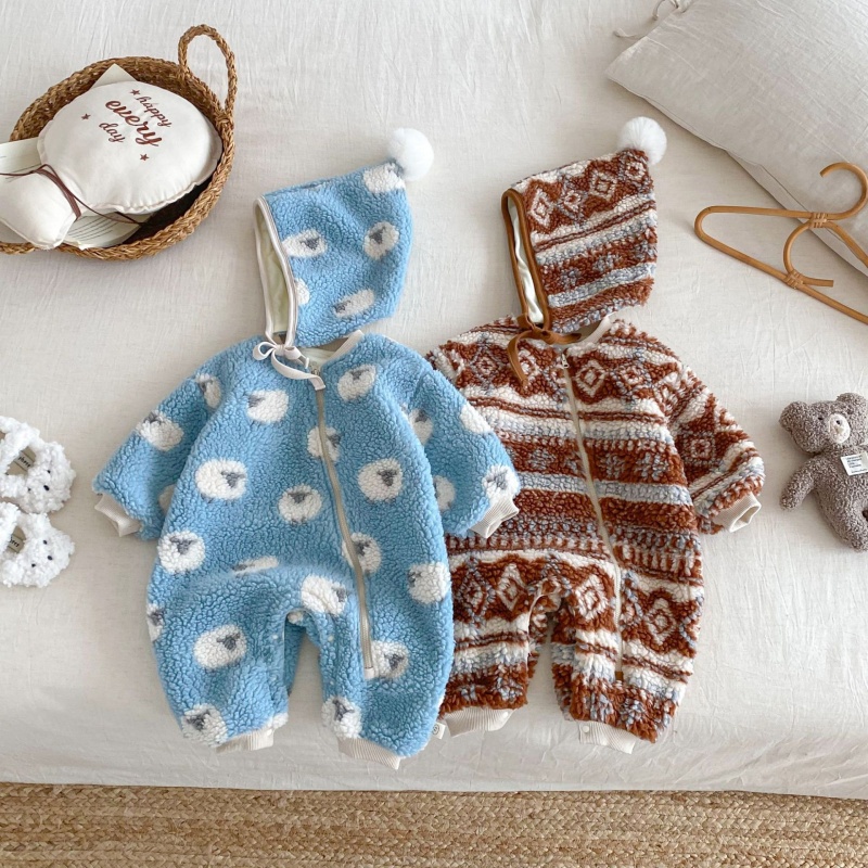 Baby Fleece Print Romper Set (Includes Hat)