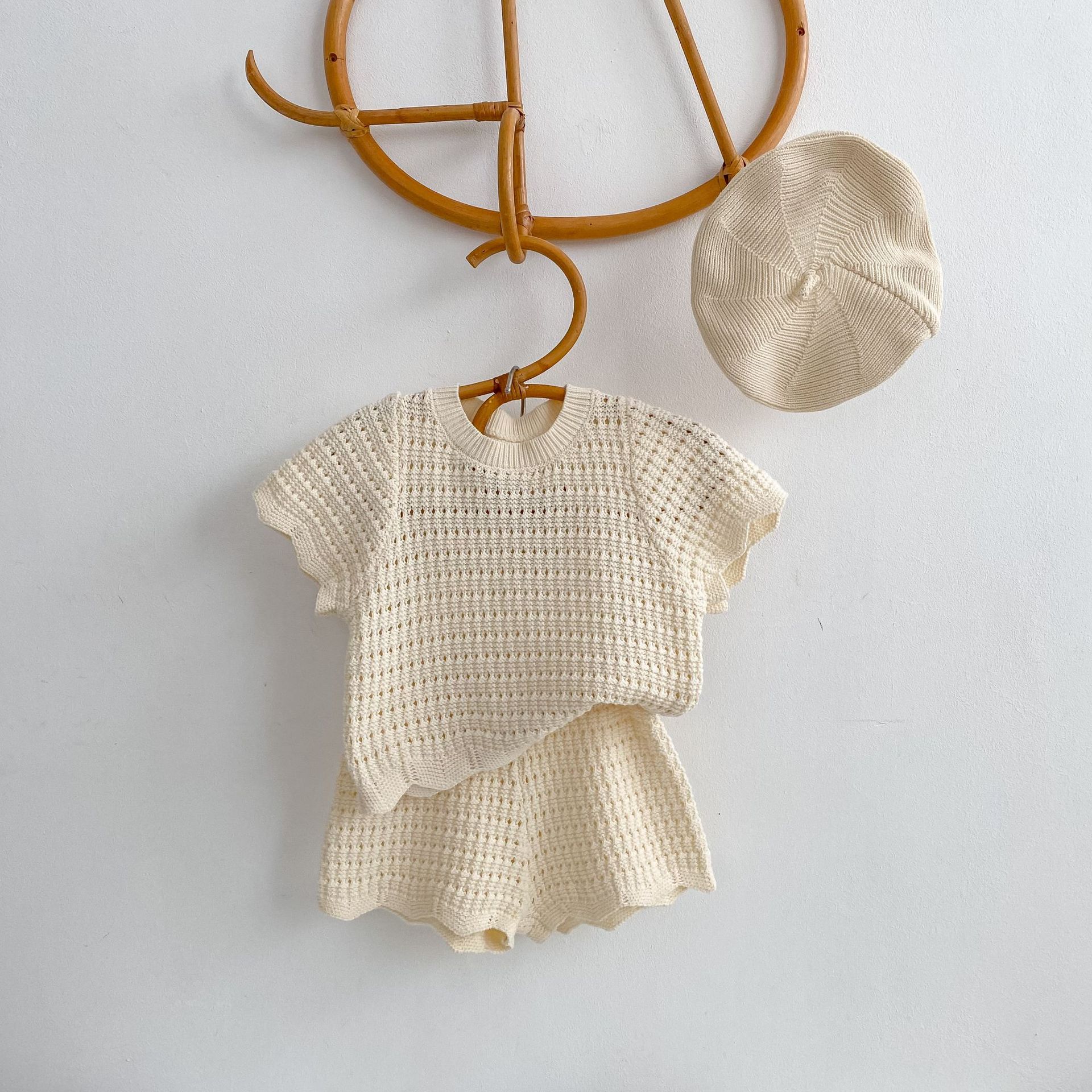 Knitted Bow Tie Short-sleeved Short Pants Set