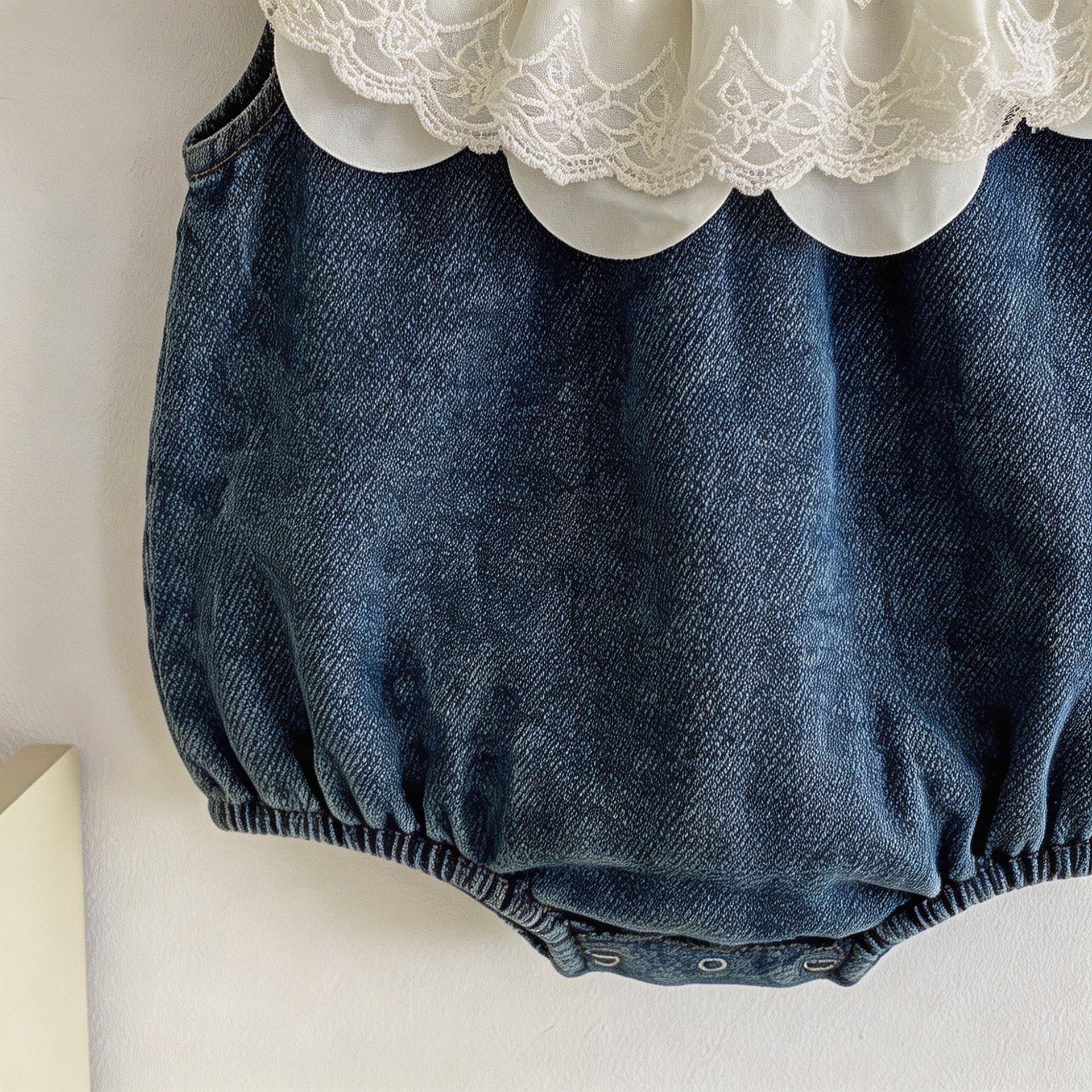 Lace-trimmed Ruffled Collar Sleeveless Denim Romper