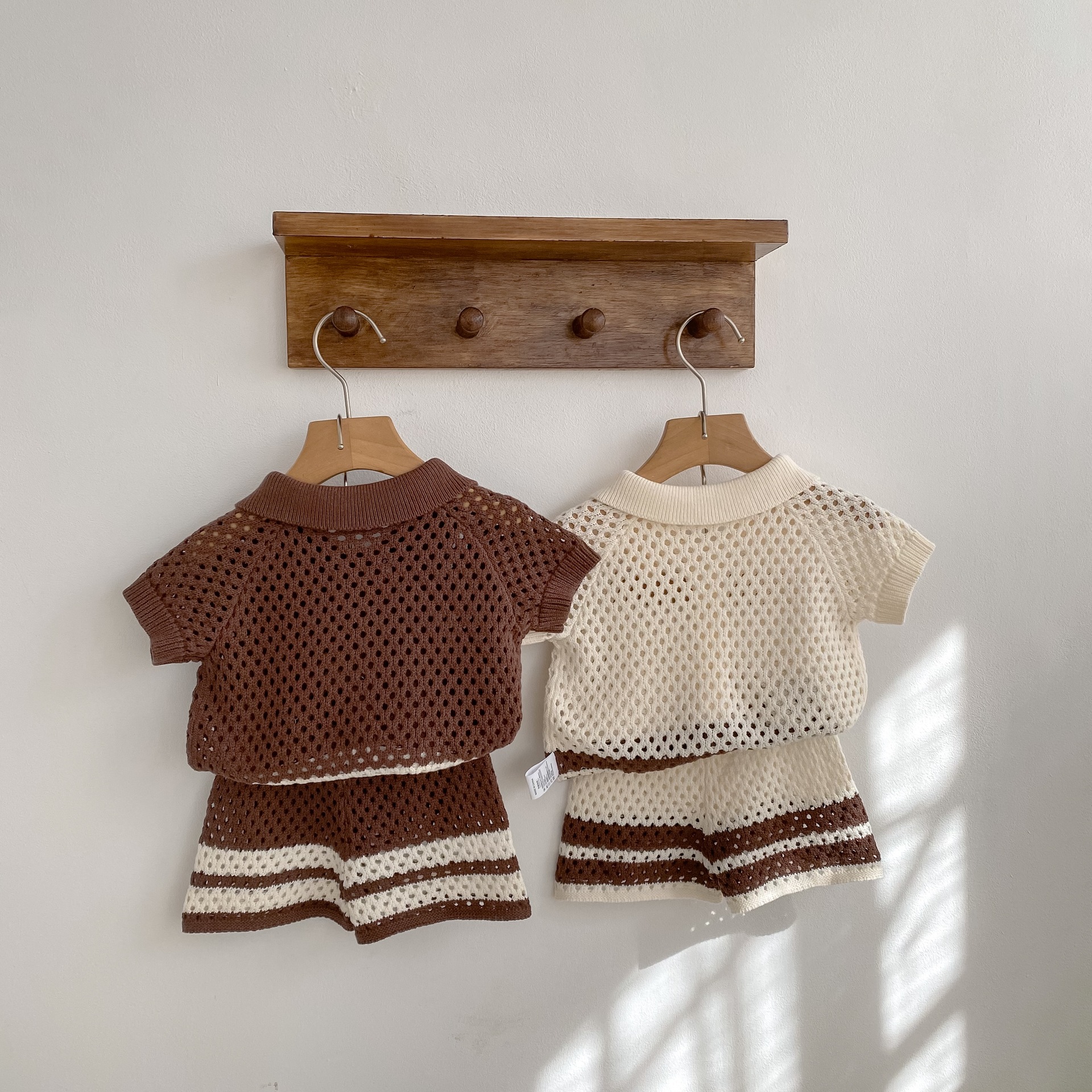 2-Piece Knit Color-Blocked Openwork Shorts Set