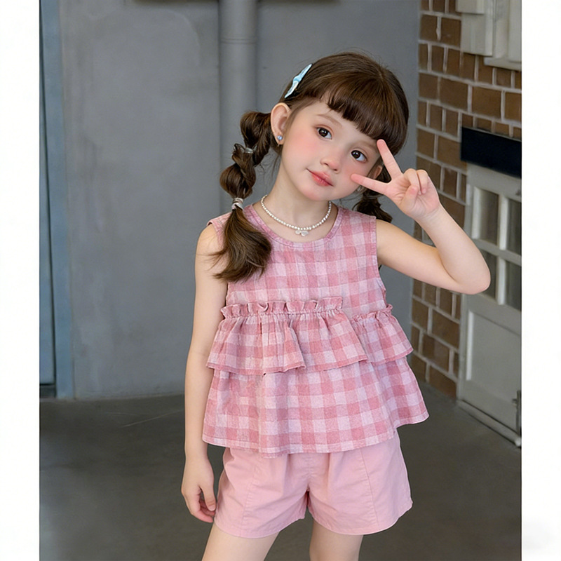 Kid Girls Plaid Sleeveless Vest and Shorts 2-piece Set