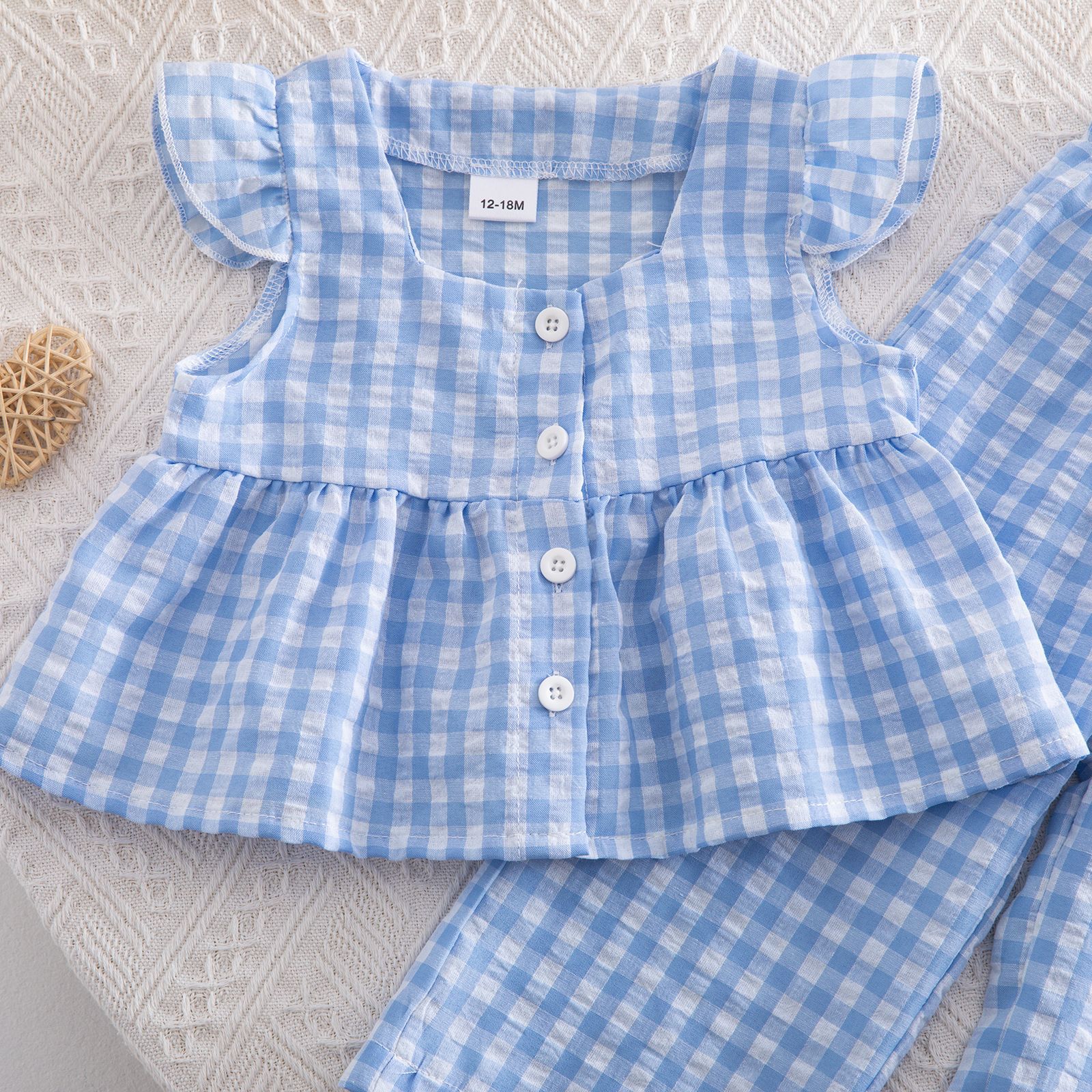 Baby Toddler Plaid Flying Sleeves Top and Pants Sets