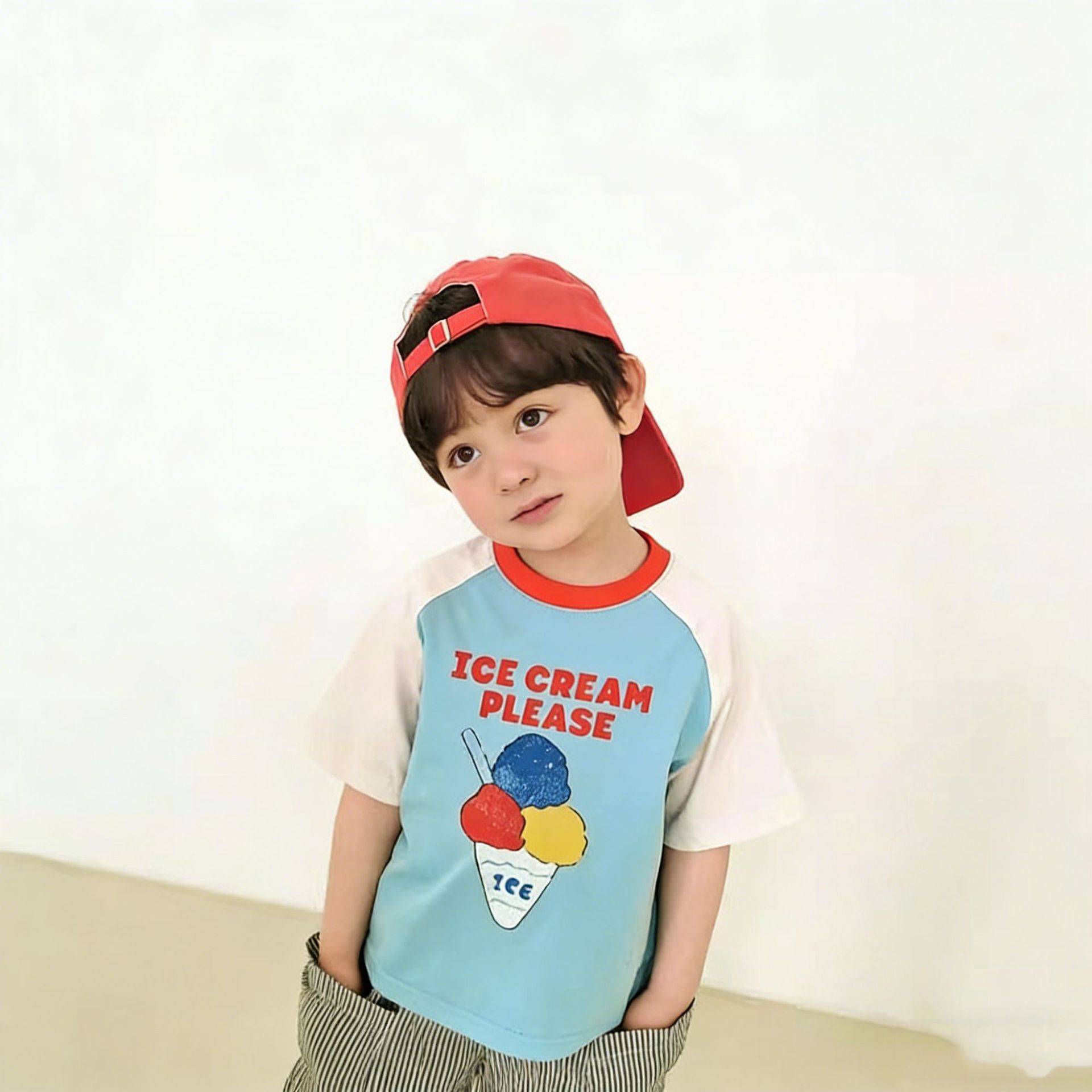 Kids Cartoon Letter Contrasting Colors Crew Neck T-shirt