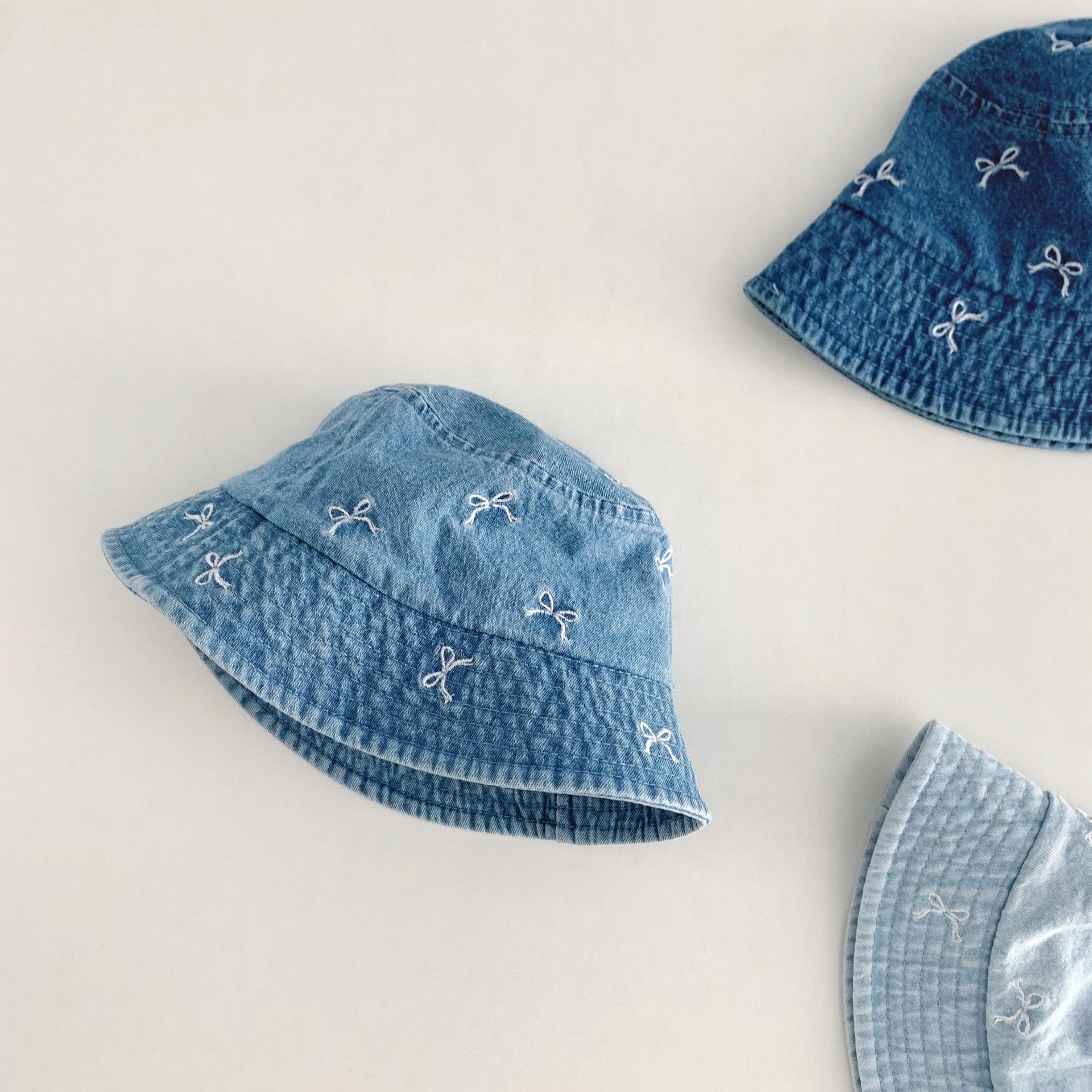 Baby Toddler Bow Embroidery Denim Flat Top Bucket Hat