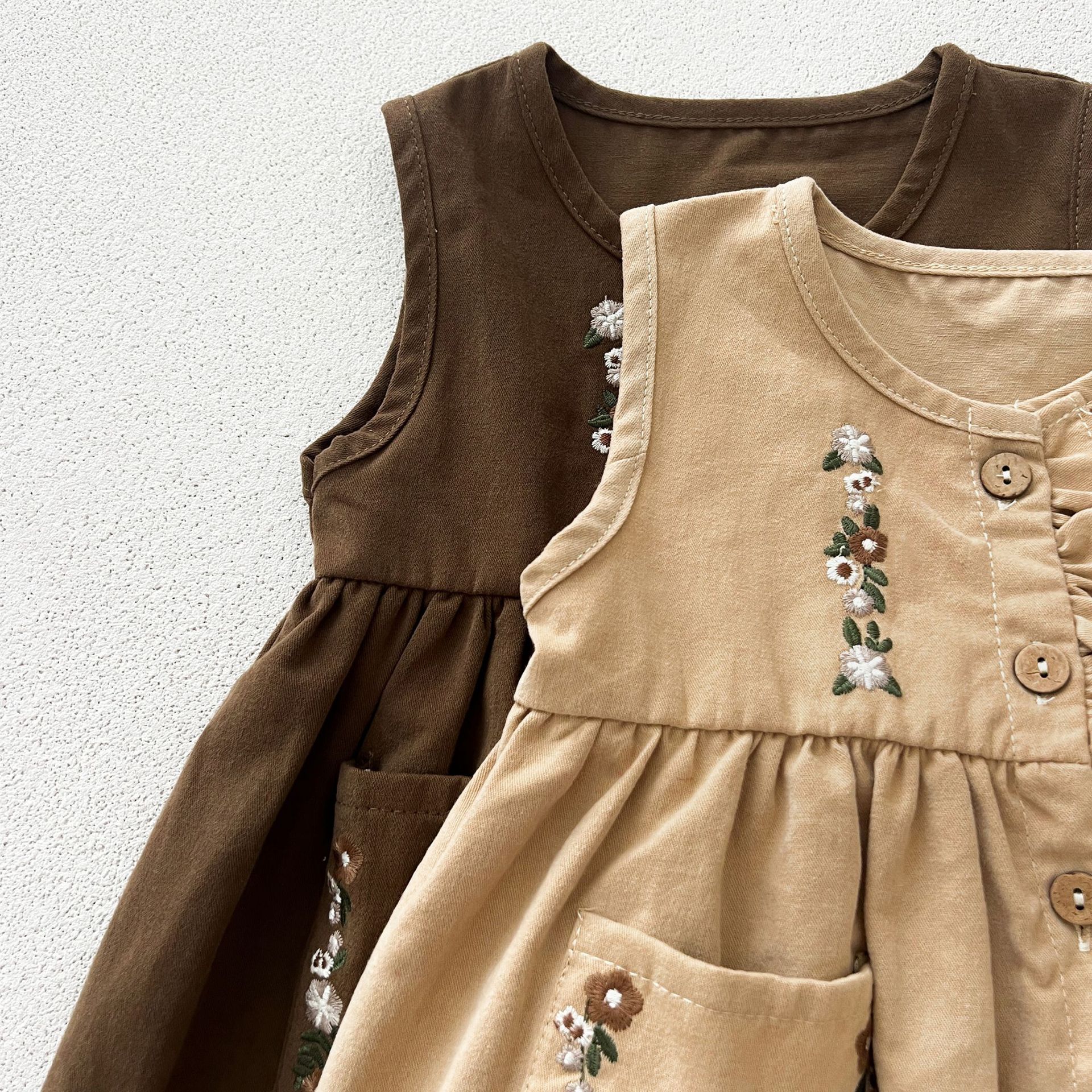 Kids Floral Embroidery Puff Sleeves Top and Vest Dress 2-Piece Set