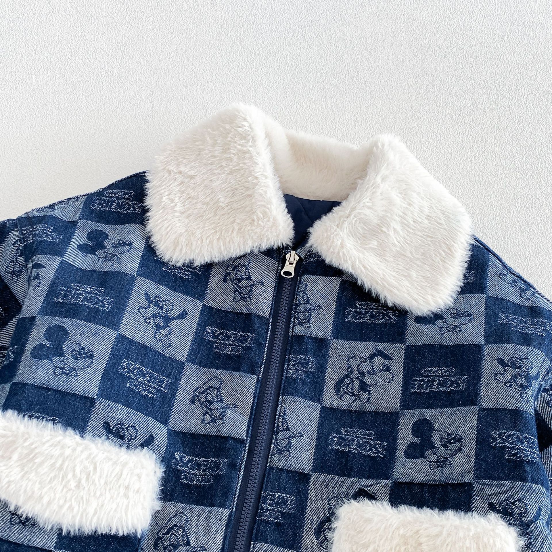Kids Checkered Cartoon Animals Thickened Outerwear