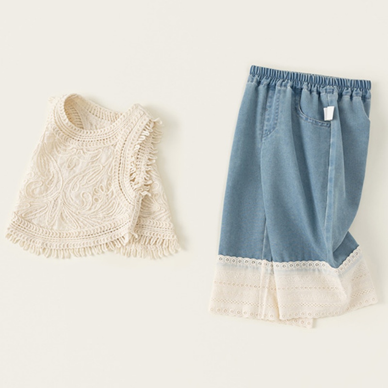 Kids Girl Knitted Vest and Jeans 2-Piece Set