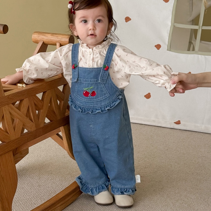 Baby Toddler Printed Shirt & Cherry Print Denim Overalls