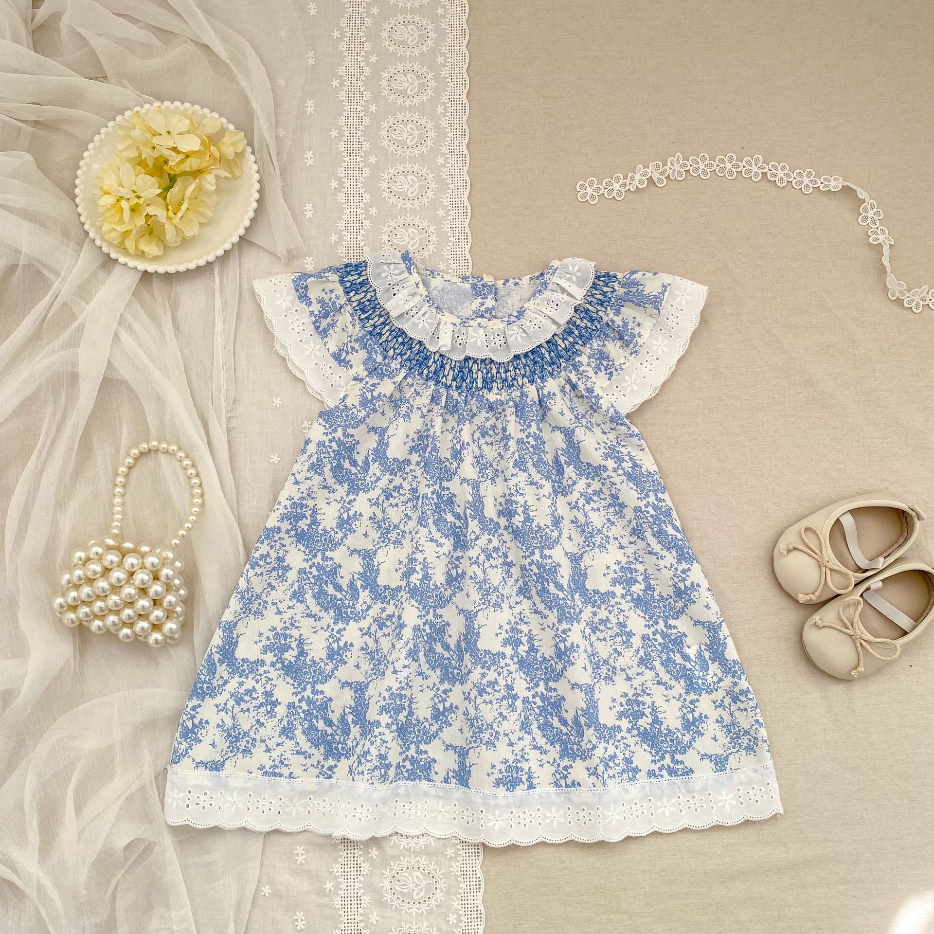 Baby Toddler Girl Blue Flower Lace Dress