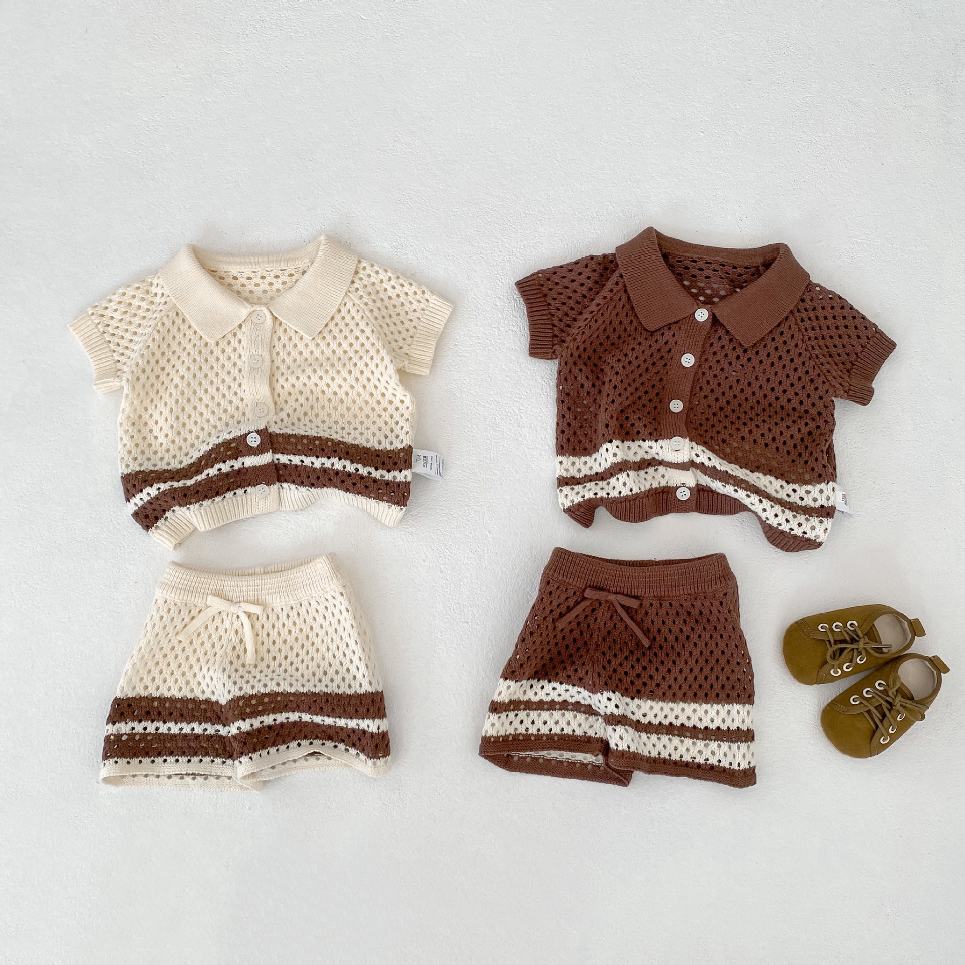 2-Piece Knit Color-Blocked Openwork Shorts Set