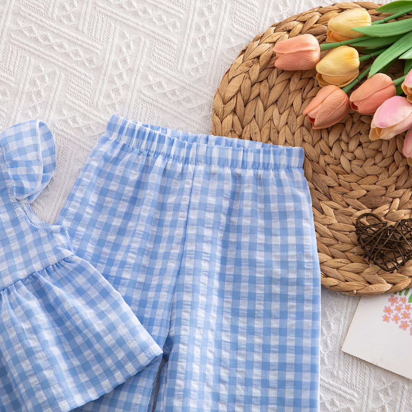 Baby Toddler Plaid Flying Sleeves Top and Pants Sets