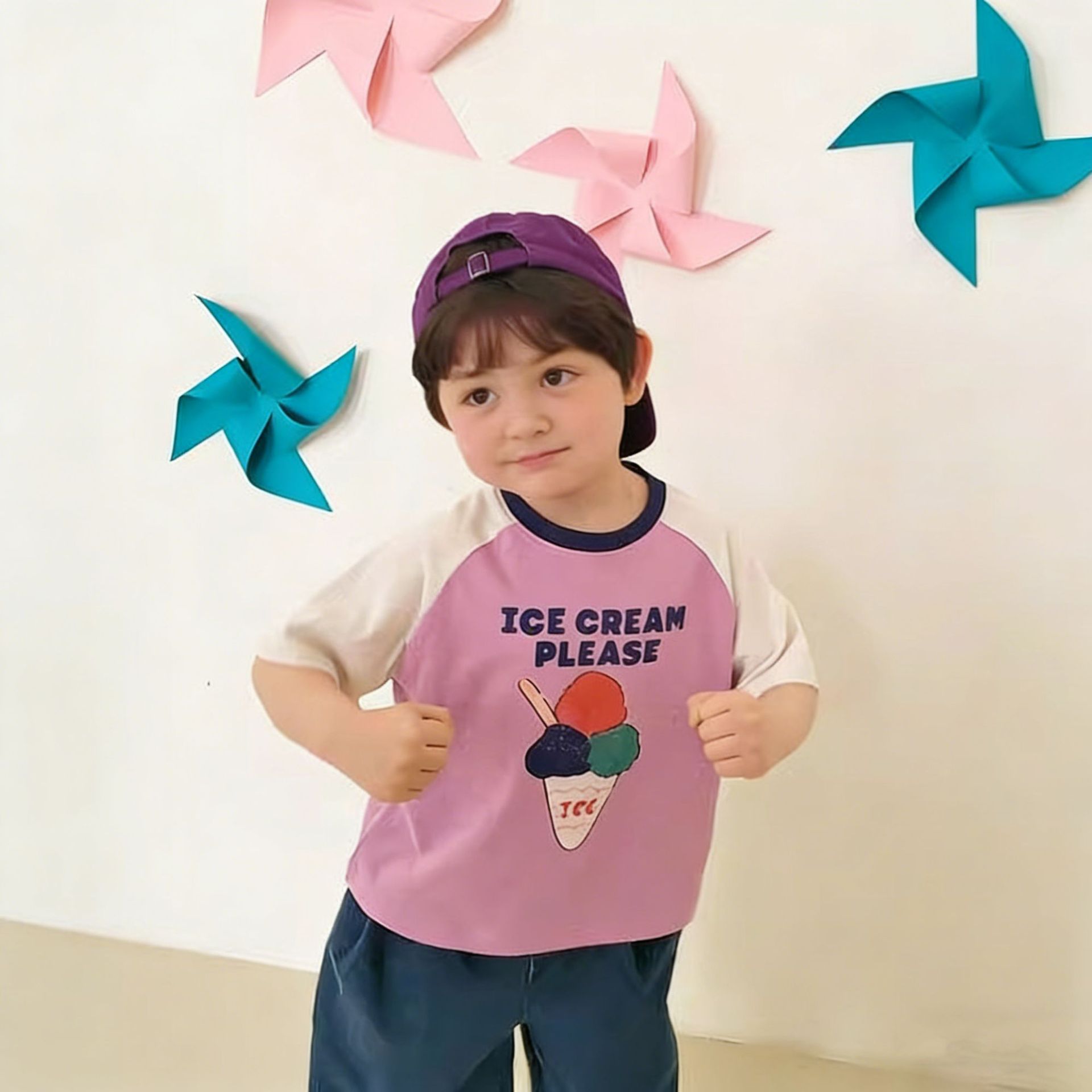 Kids Cartoon Letter Contrasting Colors Crew Neck T-shirt