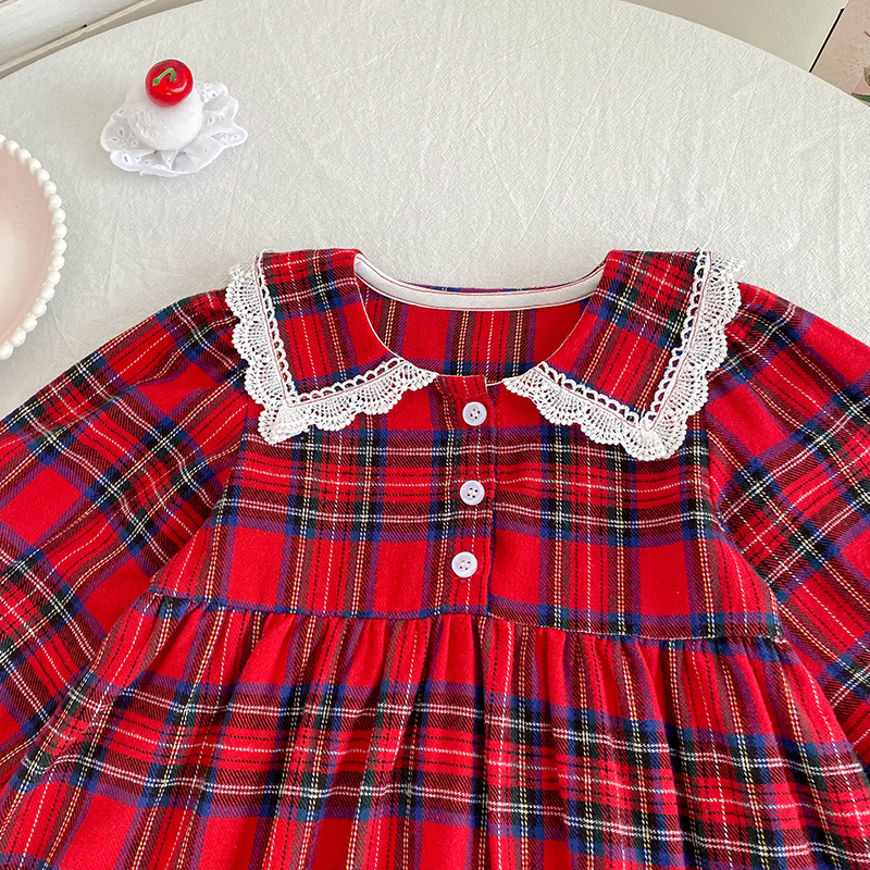 Kids Christmas Lace Collar Checkered Dress