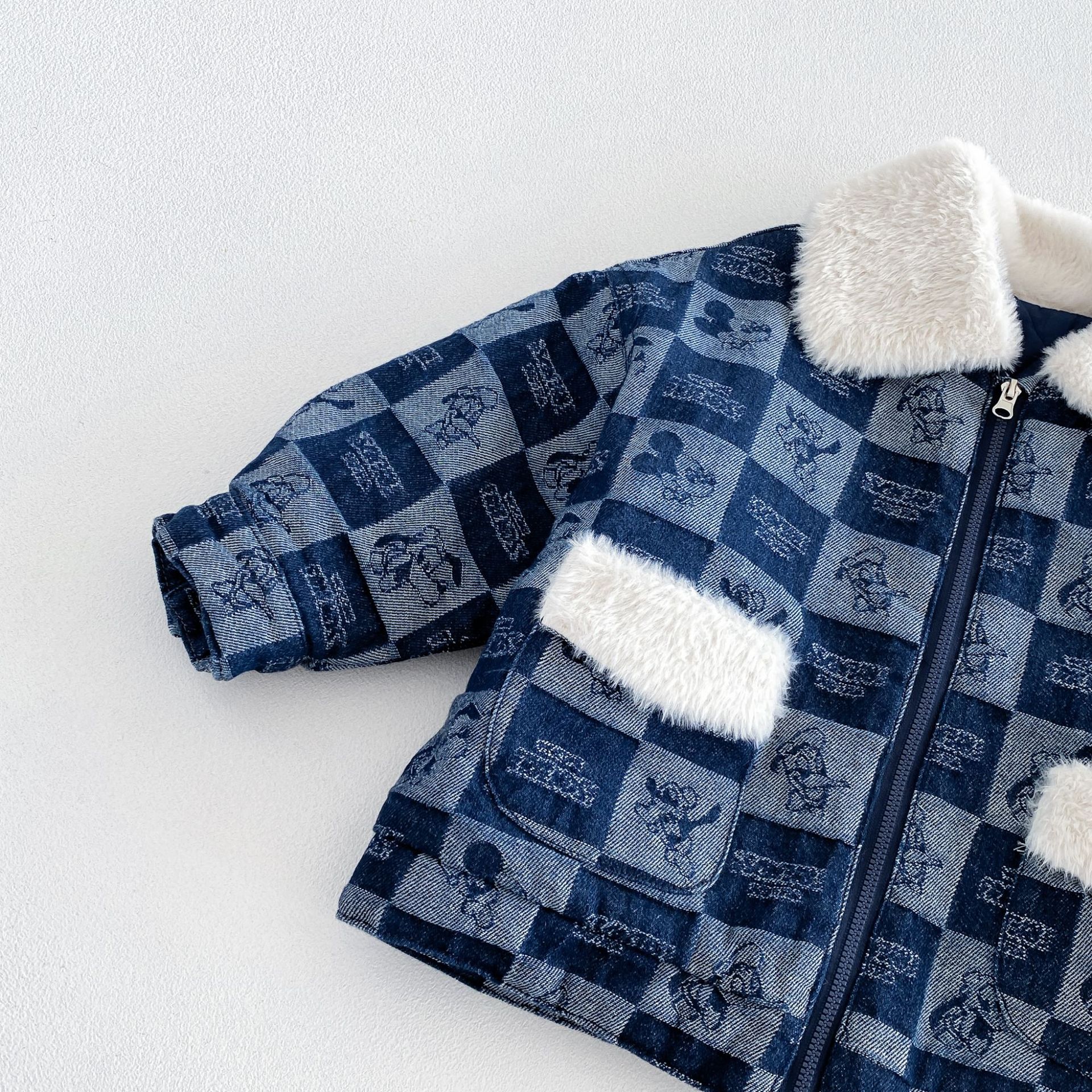 Kids Checkered Cartoon Animals Thickened Outerwear