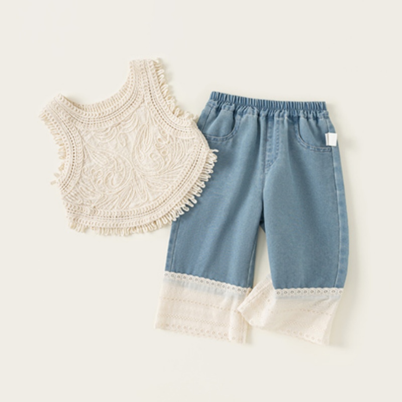 Kids Girl Knitted Vest and Jeans 2-Piece Set