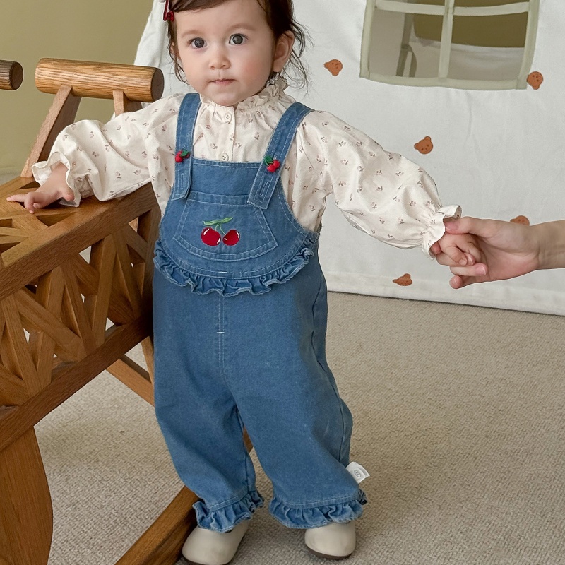 Baby Toddler Printed Shirt & Cherry Print Denim Overalls