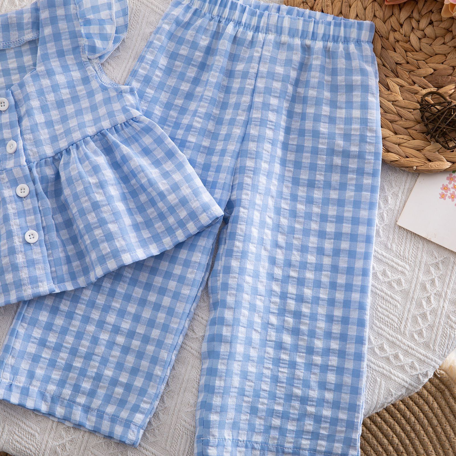 Baby Toddler Plaid Flying Sleeves Top and Pants Sets