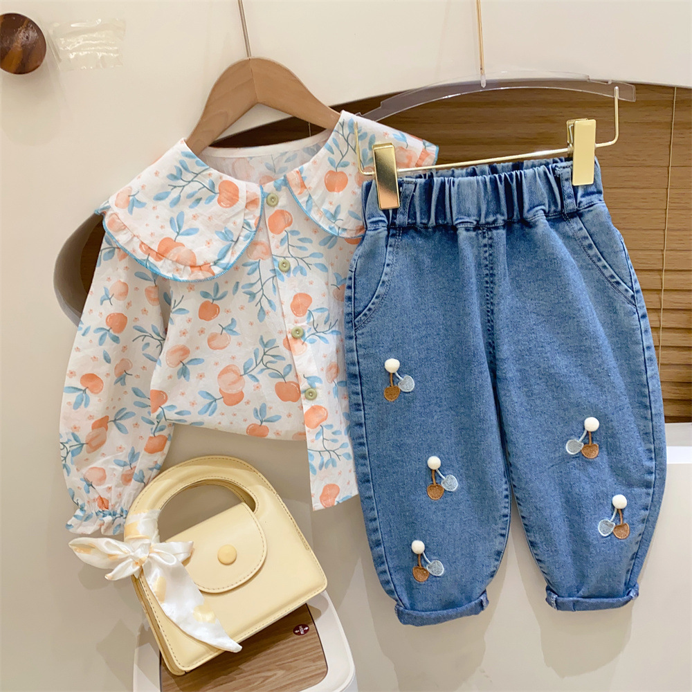 Kids Flower Cherry Heart Pattern Denim Pants