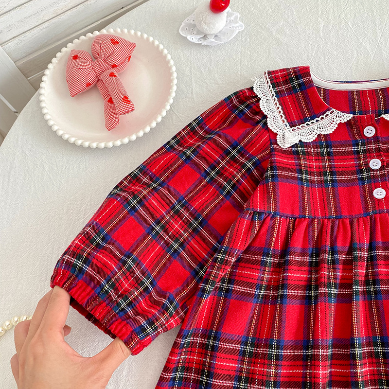 Kids Christmas Lace Collar Checkered Dress