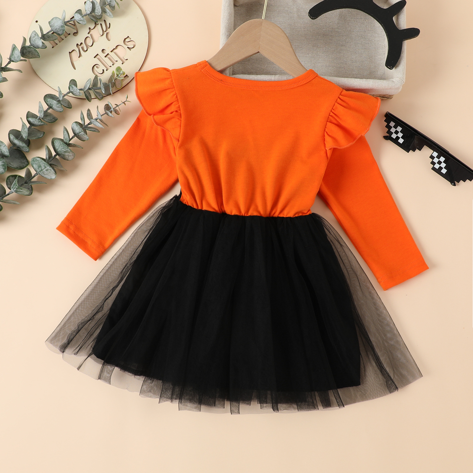 Kids Halloween Cat Long Sleeve Mesh Dress