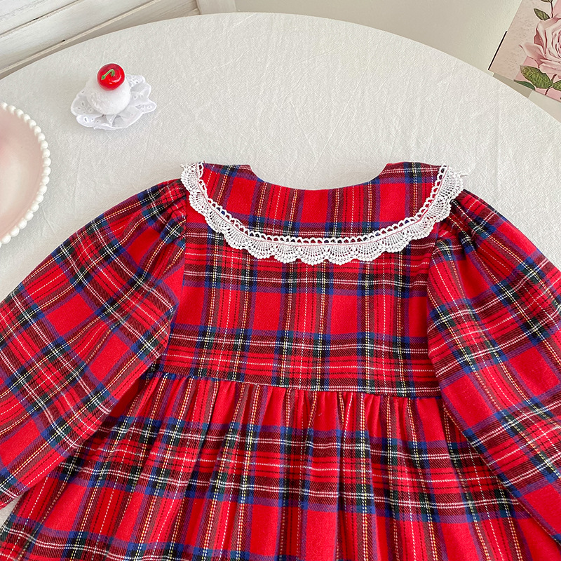 Kids Christmas Lace Collar Checkered Dress