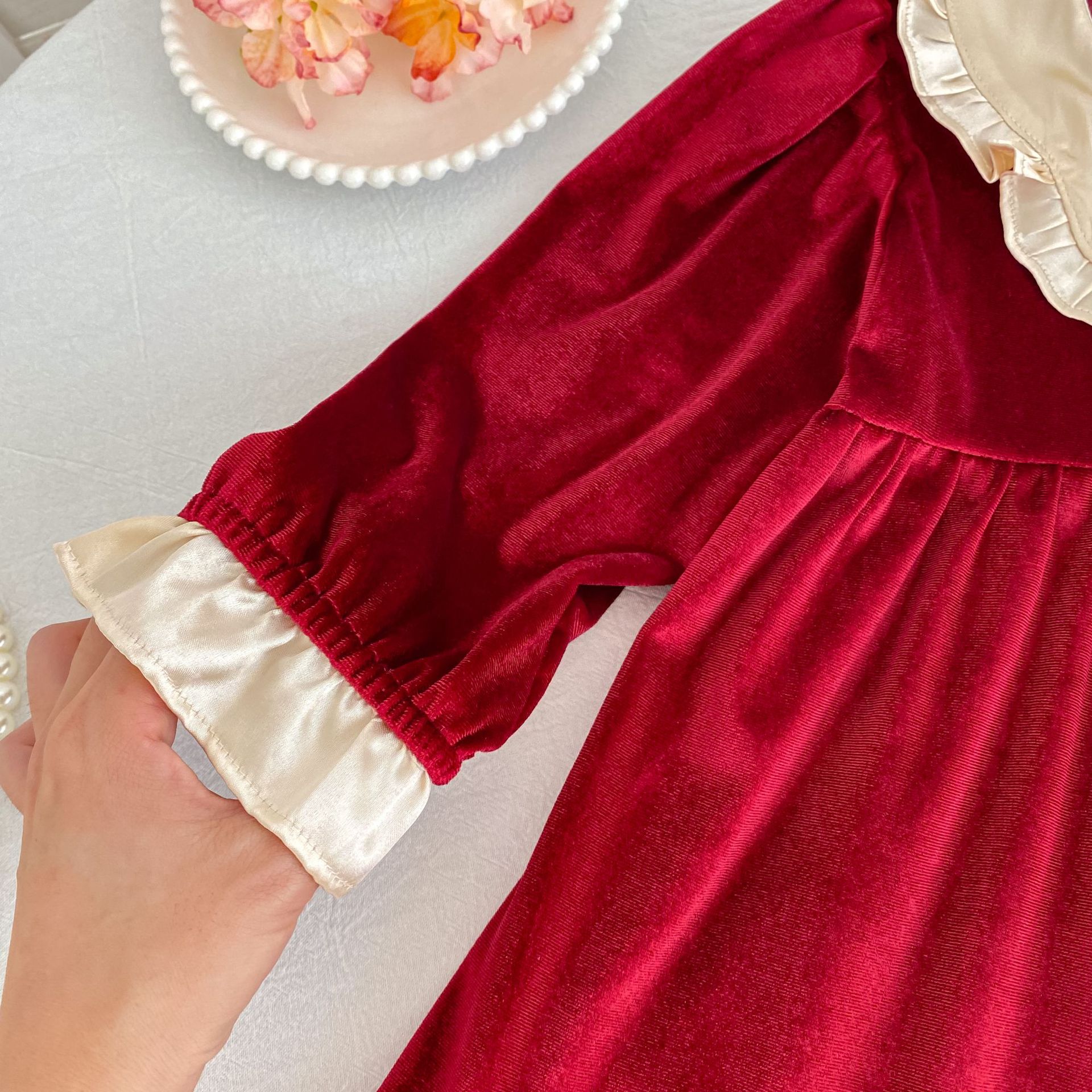 Kids Christmas Bow Collar Velvet Dress