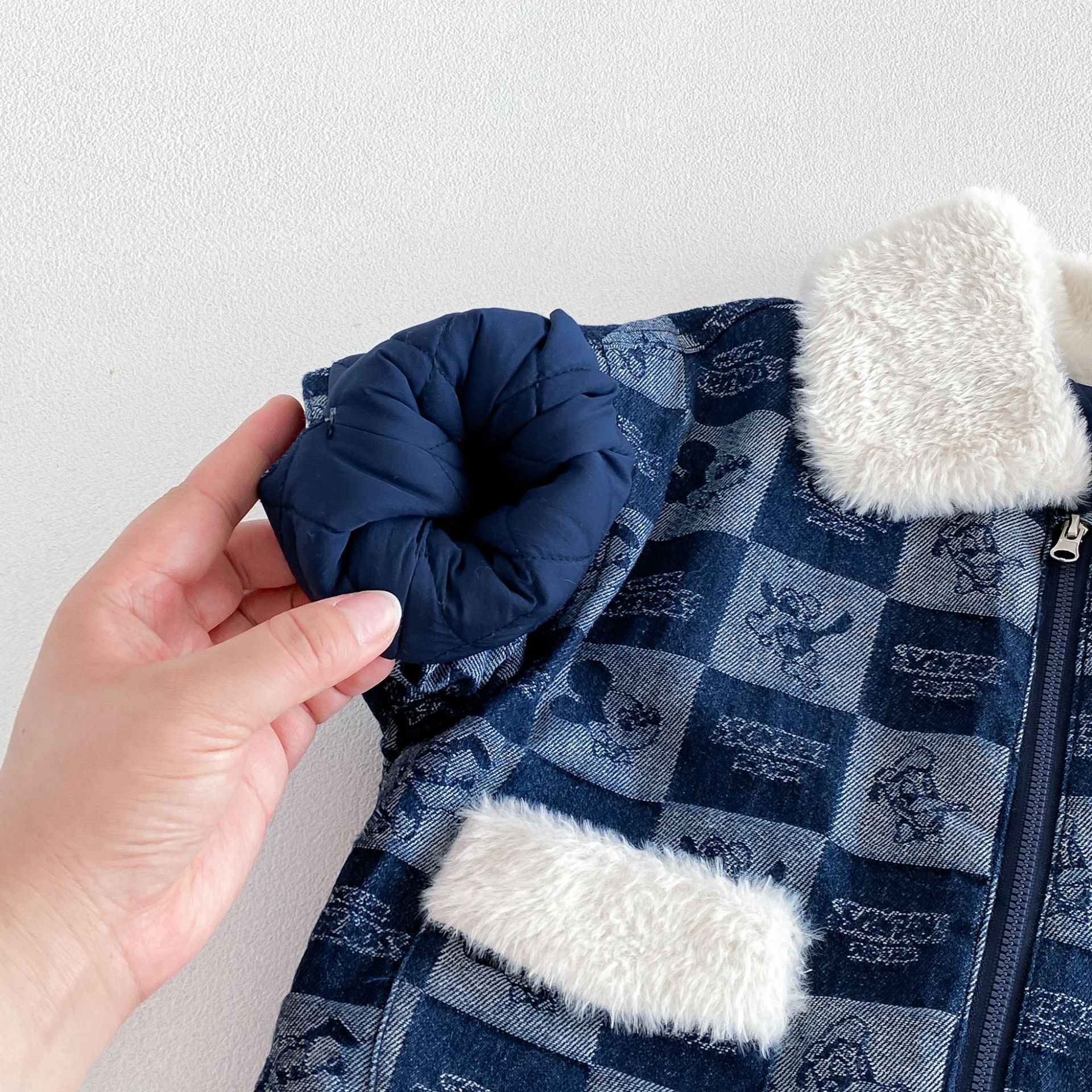 Kids Checkered Cartoon Animals Thickened Outerwear
