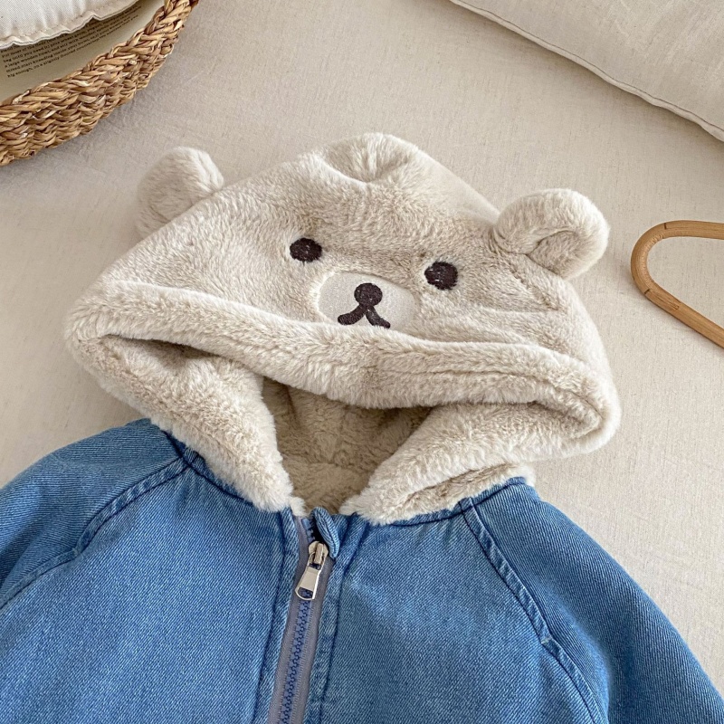 Baby Toddler Bear-Print Patchwork Denim Outerwear