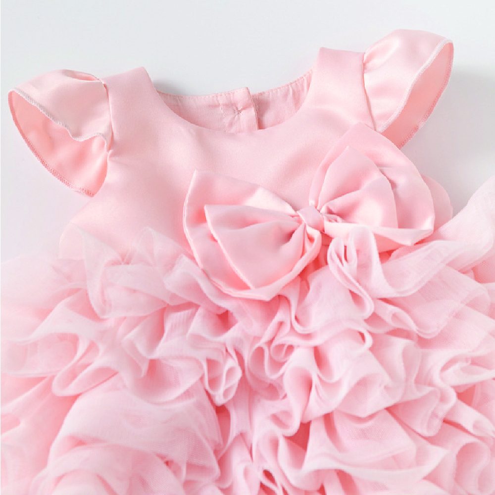 Baby Pink Gauze Bow Tiered Dress
