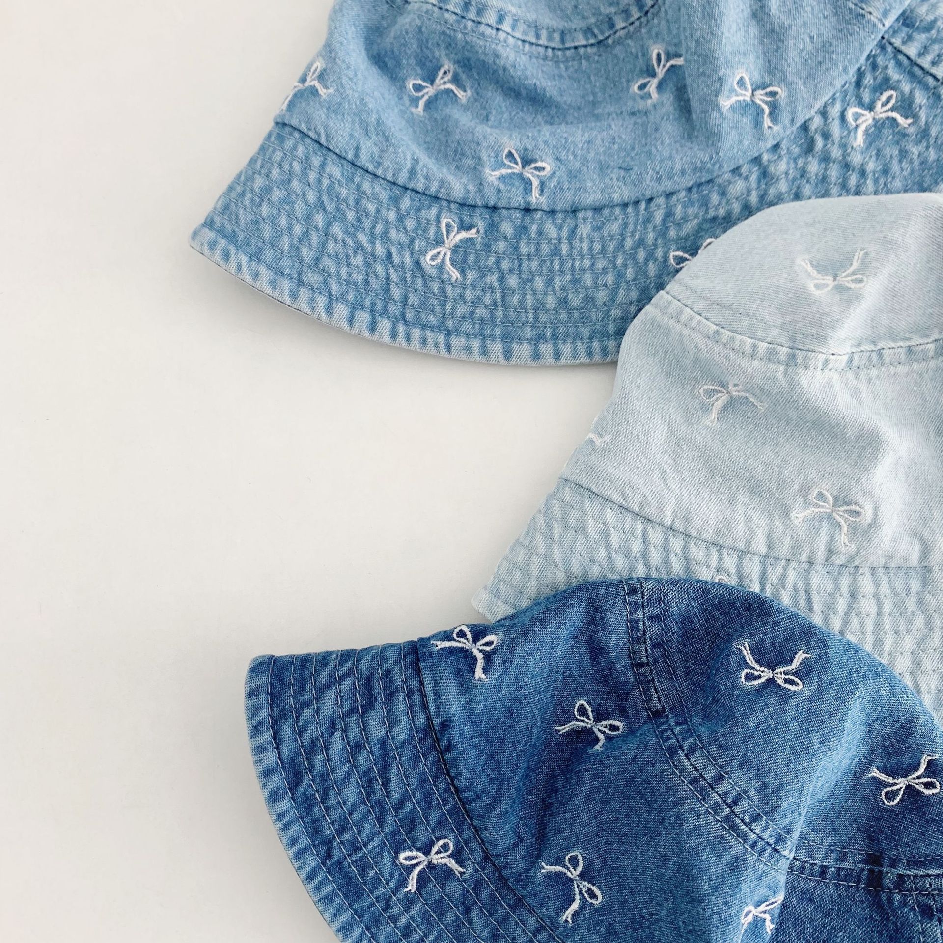 Baby Toddler Bow Embroidery Denim Flat Top Bucket Hat