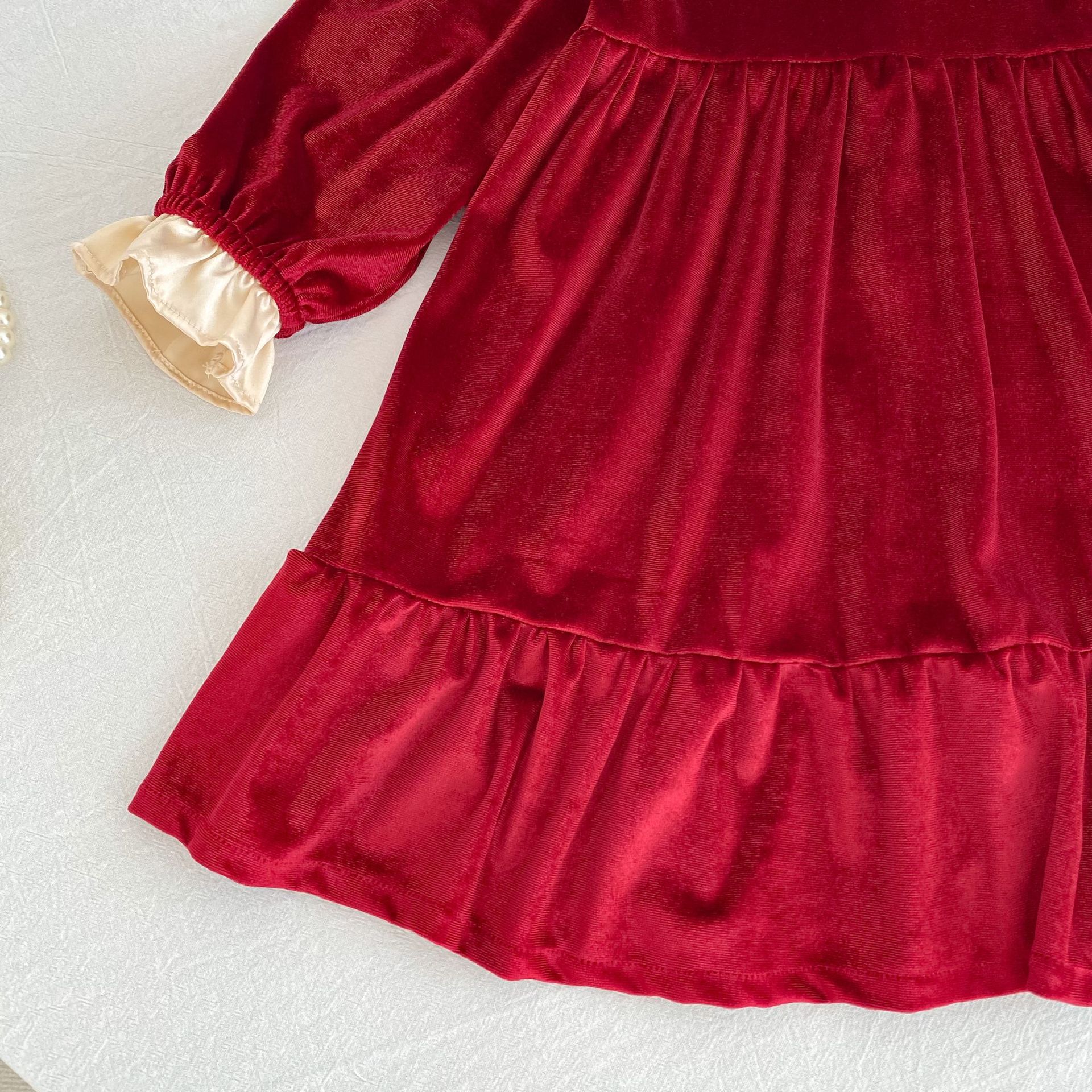Kids Christmas Bow Collar Velvet Dress