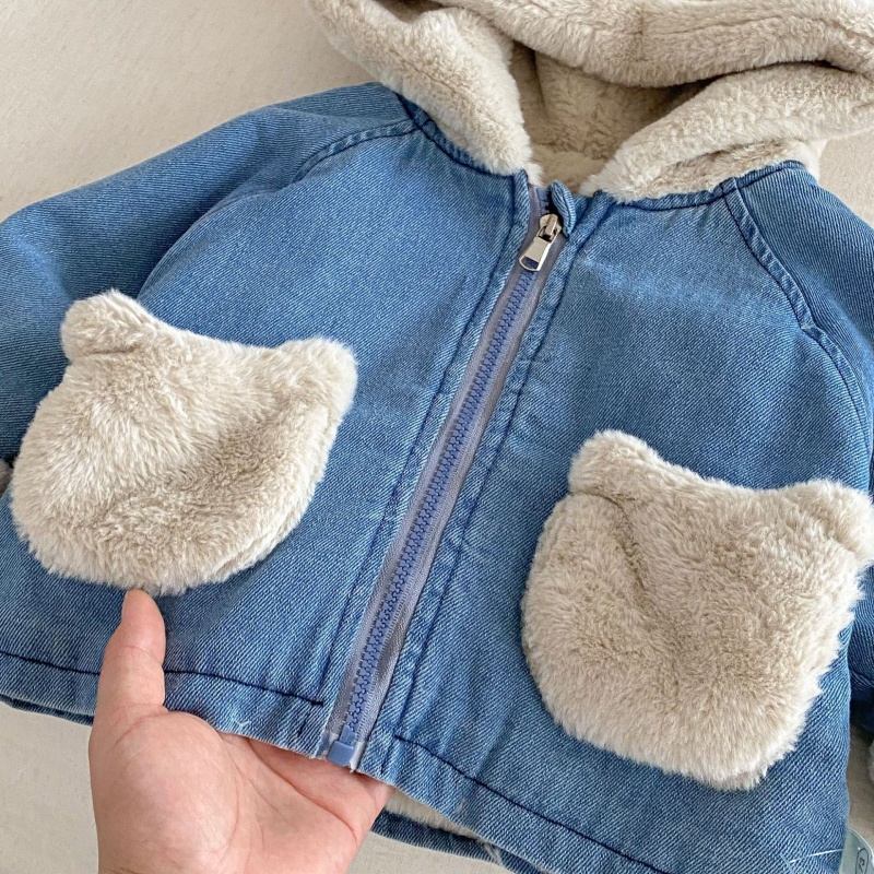 Baby Toddler Bear-Print Patchwork Denim Outerwear