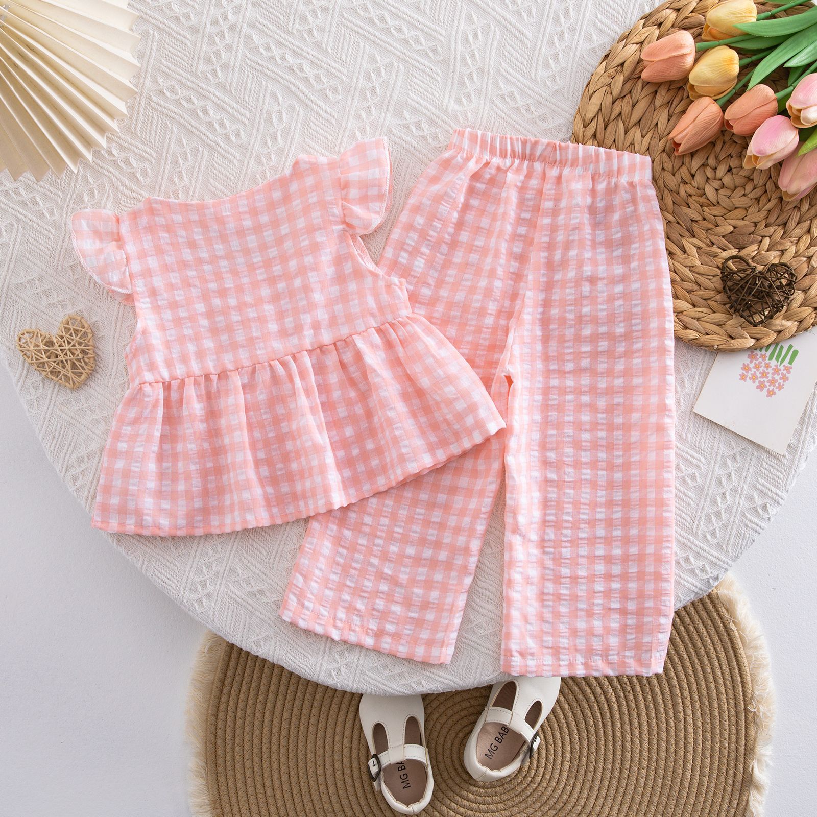 Baby Toddler Plaid Flying Sleeves Top and Pants Sets