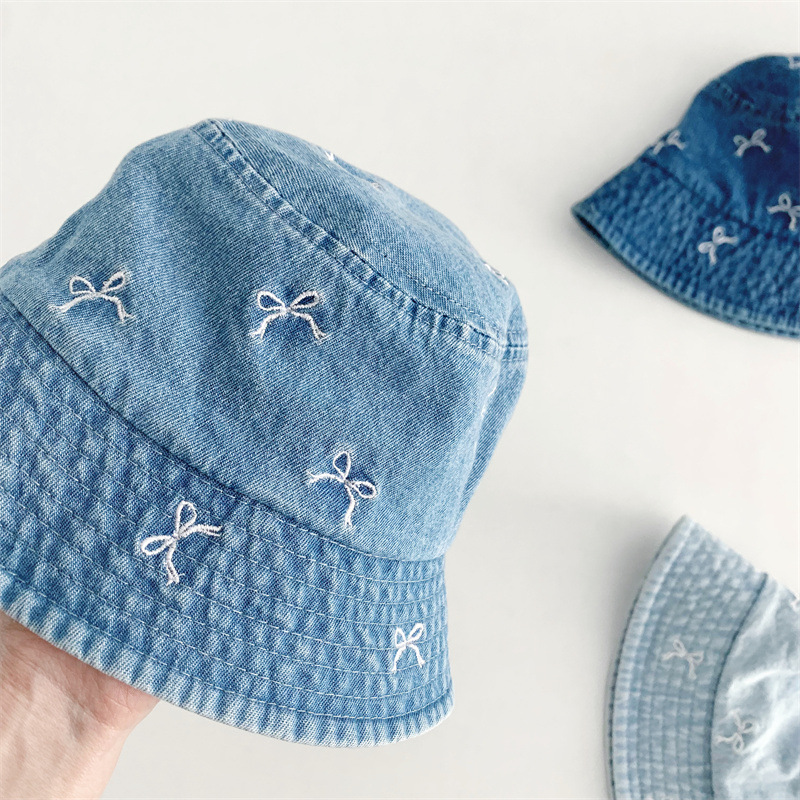 Baby Toddler Bow Embroidery Denim Flat Top Bucket Hat