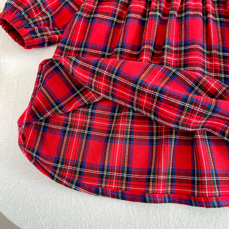 Kids Christmas Lace Collar Checkered Dress