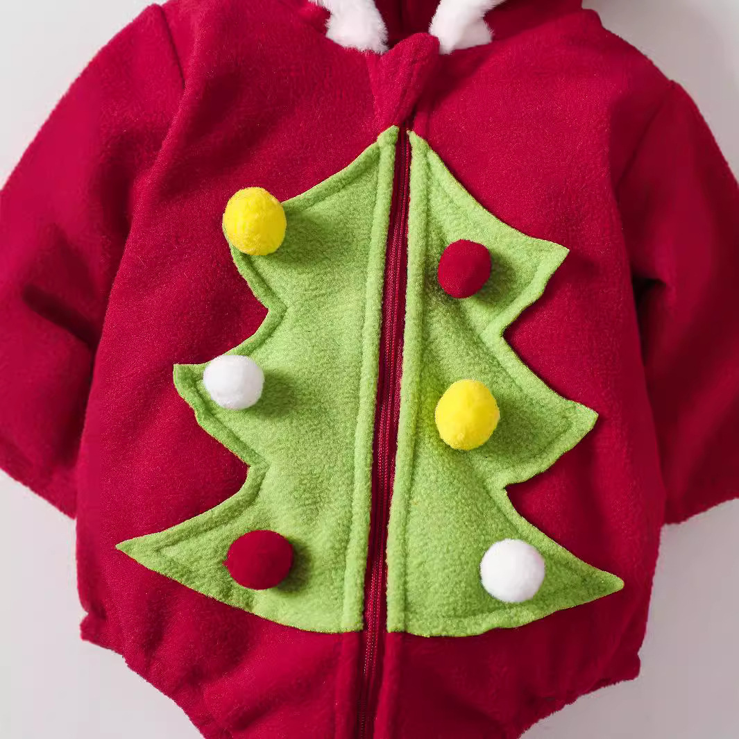 Baby Christmas Fleece Hooded Zipper Onesie With Stripe Socks