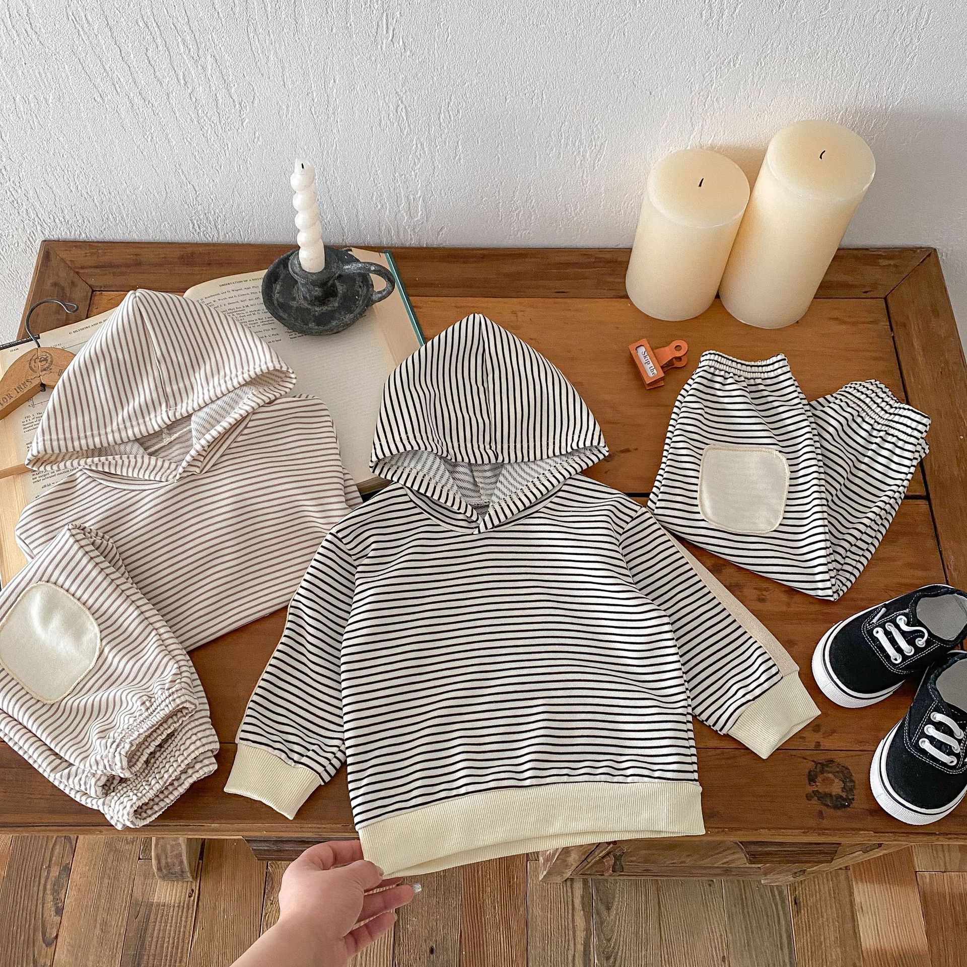 Striped Patch Hooded Sweatshirt And Pants Set
