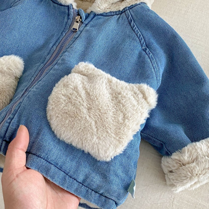 Baby Toddler Bear-Print Patchwork Denim Outerwear