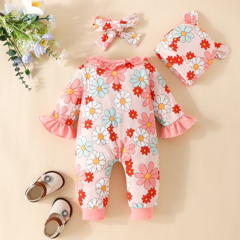 3- Piece Baby Newborn Flower Print Romper Set