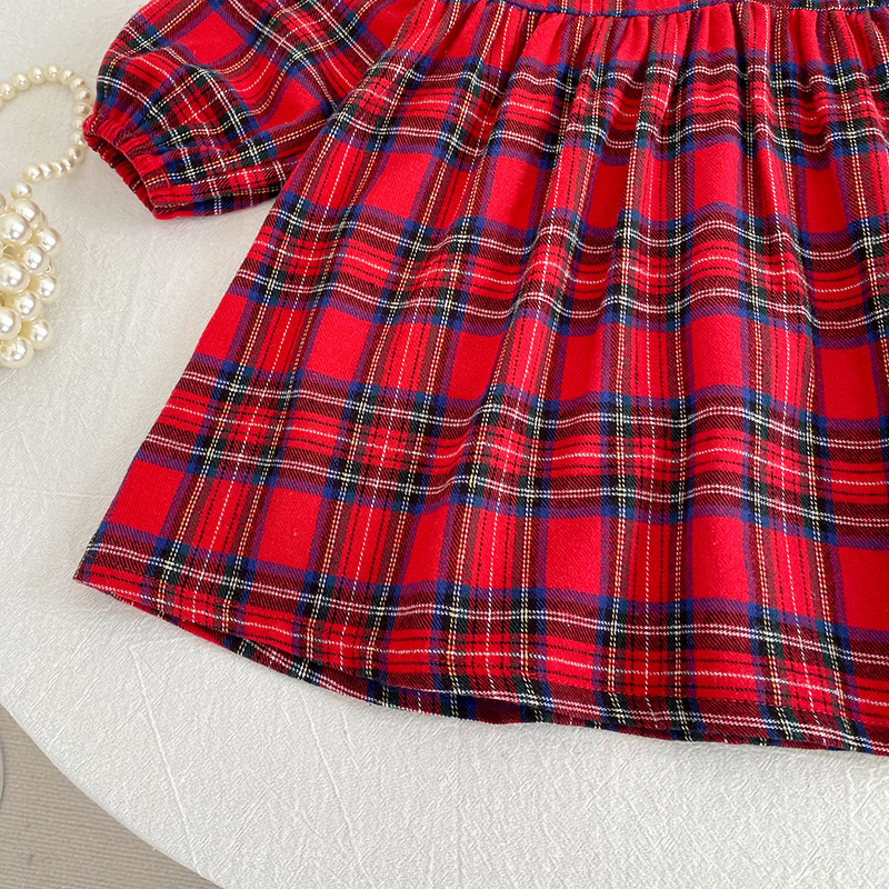 Kids Christmas Lace Collar Checkered Dress