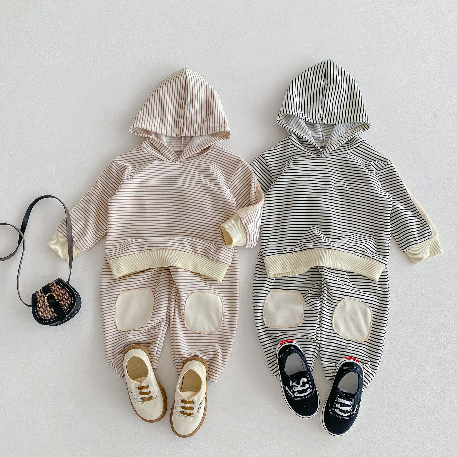 Striped Patch Hooded Sweatshirt And Pants Set