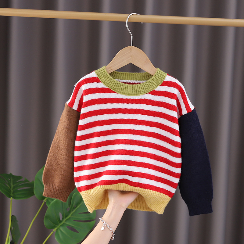 Toddler Color Block Striped Contrast Sleeves Sweater