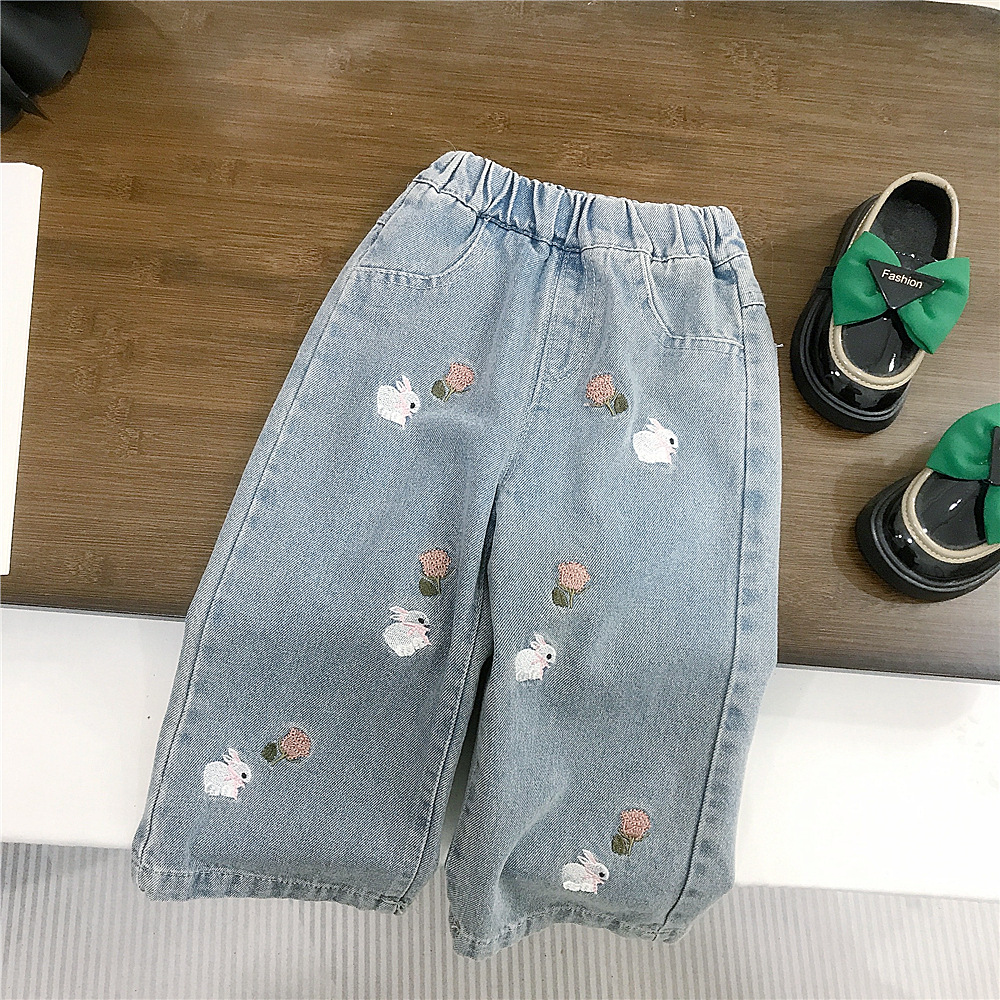 Toddler Kid Girl Denim Blue Flower Bow/Bunny Pants
